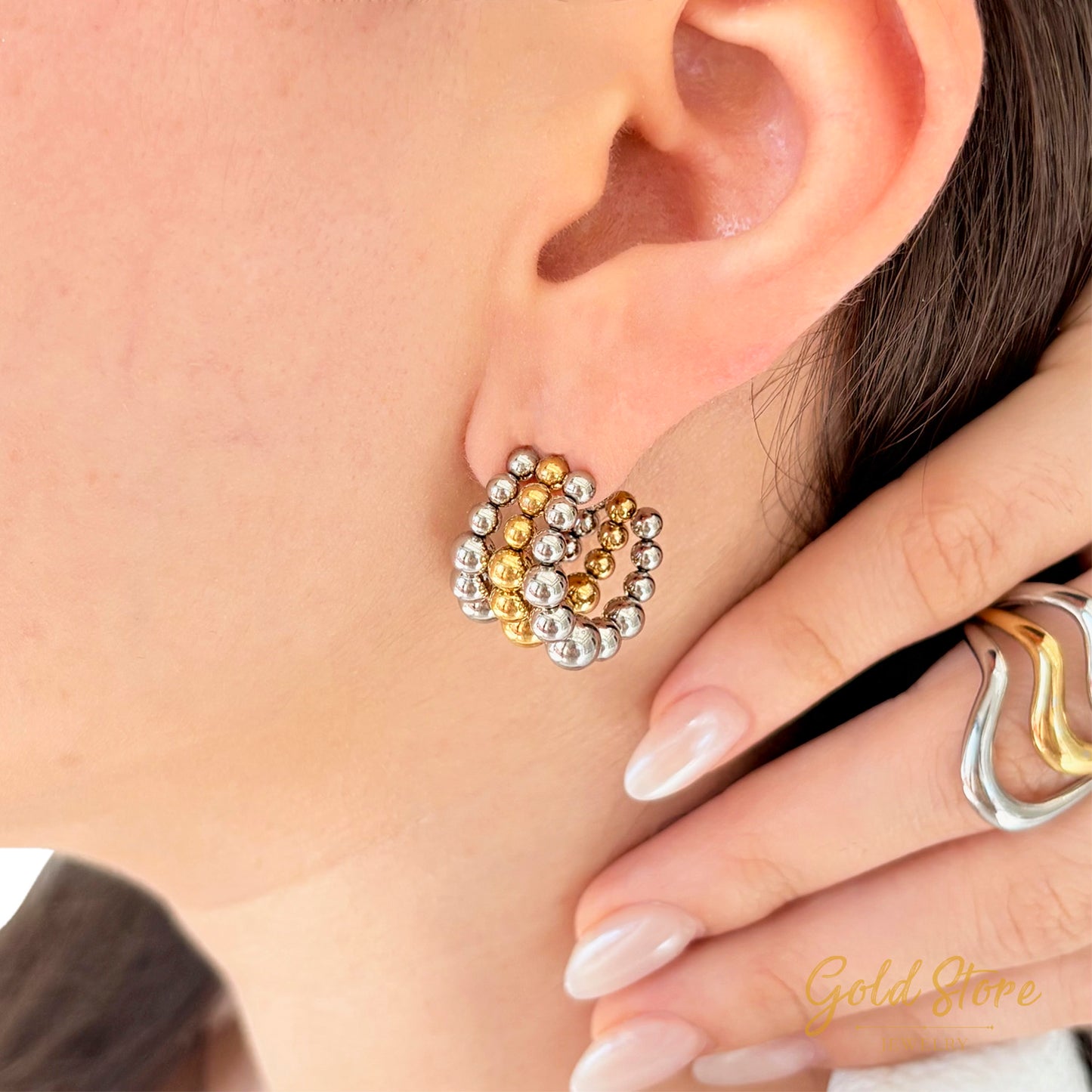 ARETES TRIPLES BOLITAS BICOLOR