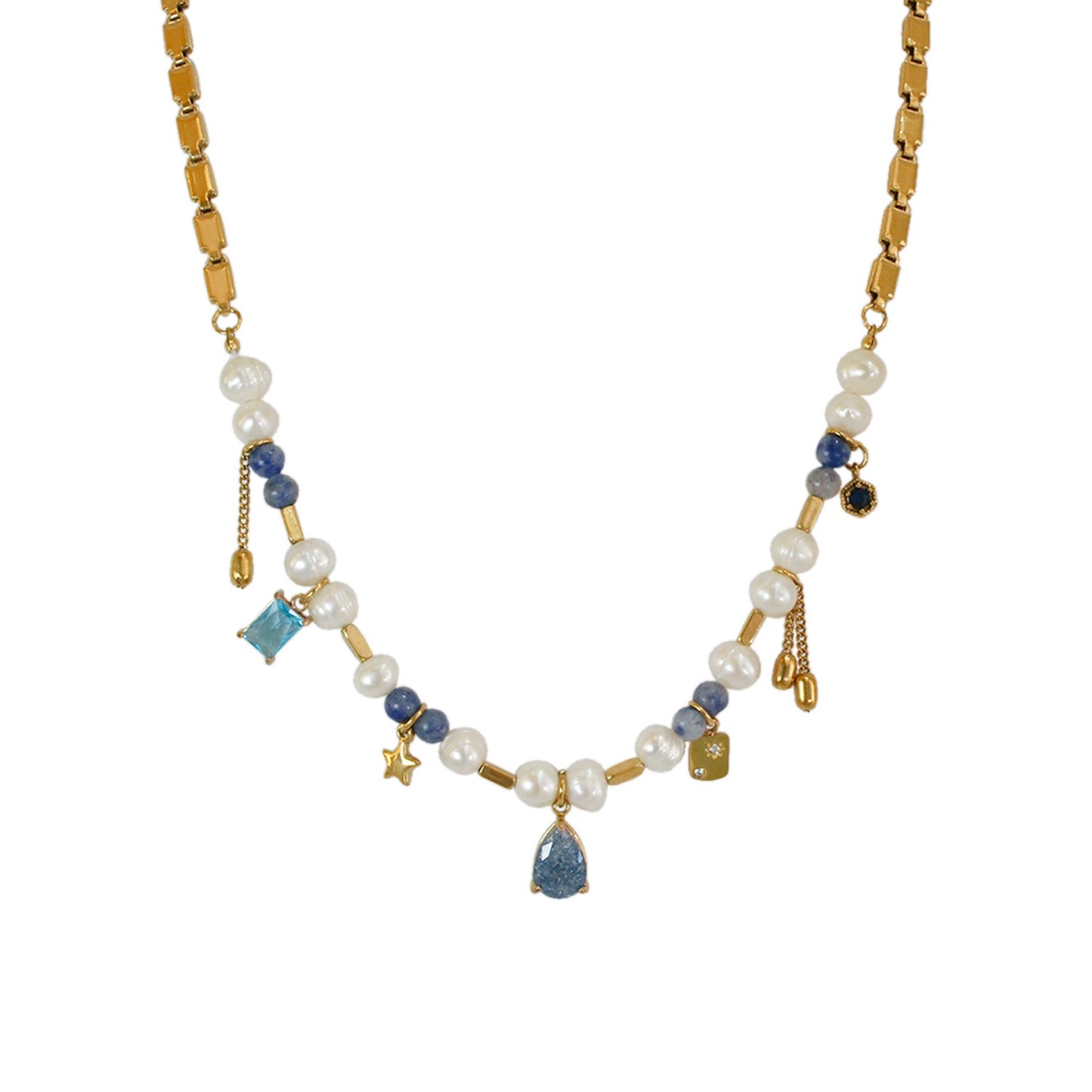 COLLAR CON PERLAS Y DIJES AZULES
