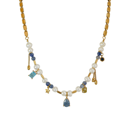 COLLAR CON PERLAS Y DIJES AZULES