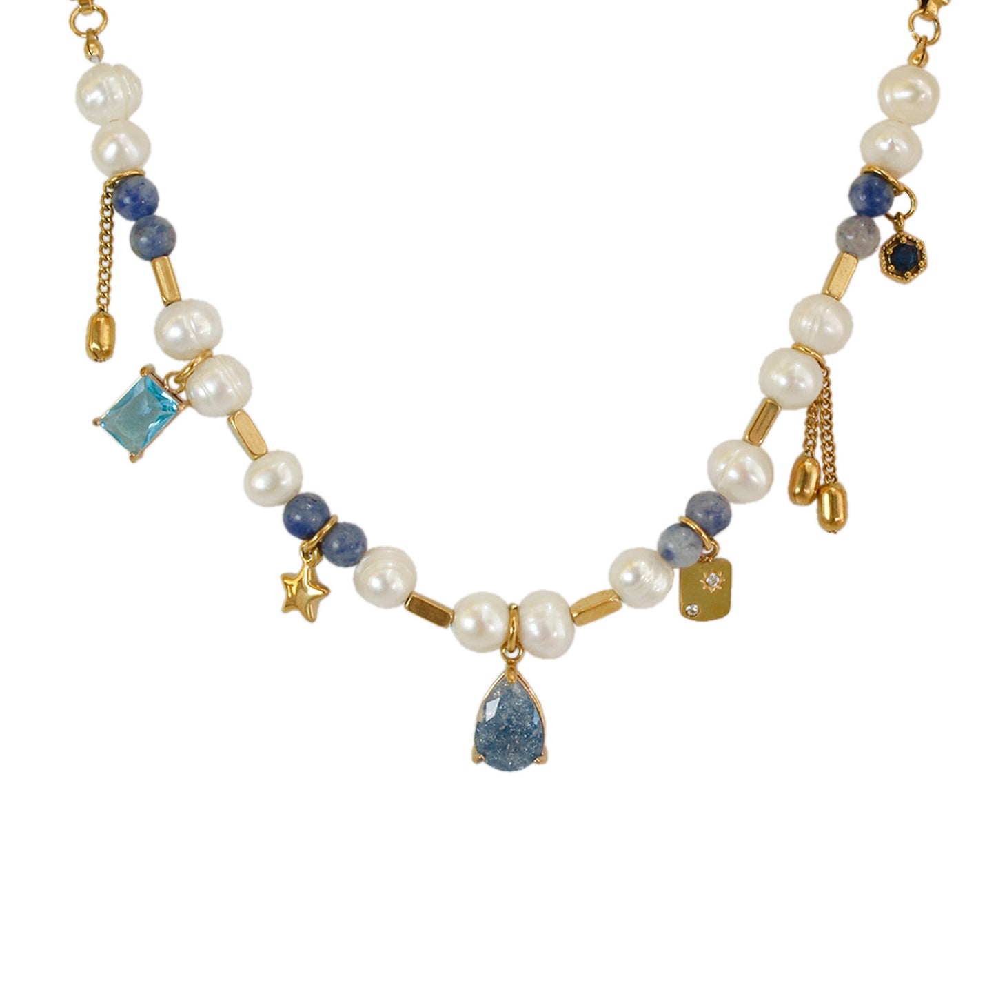 COLLAR CON PERLAS Y DIJES AZULES