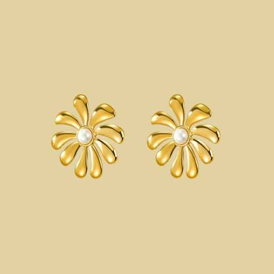 ARETES GIRASOL CON PERLA EN MEDIO